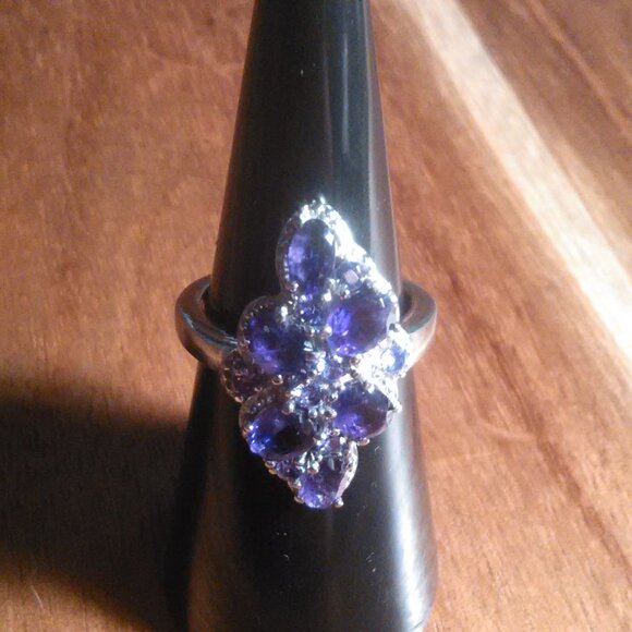 African Amethyst and Simulated Purple Diamond Stainless Steel Ring (Size 6) - Picture 8 of 13